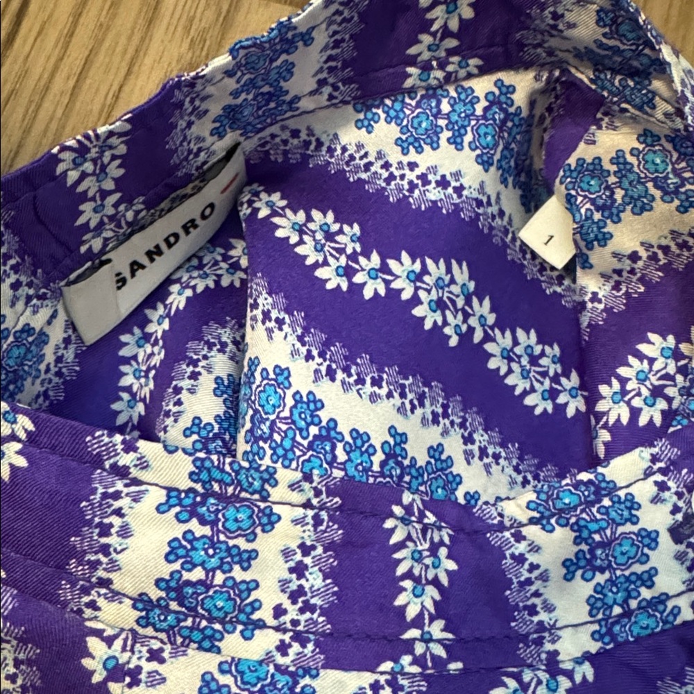Sandro Silk Floral Stripe Purple Blue Balloon Sleeve Button Tie Cropped Blouse S - Picture 6 of 17